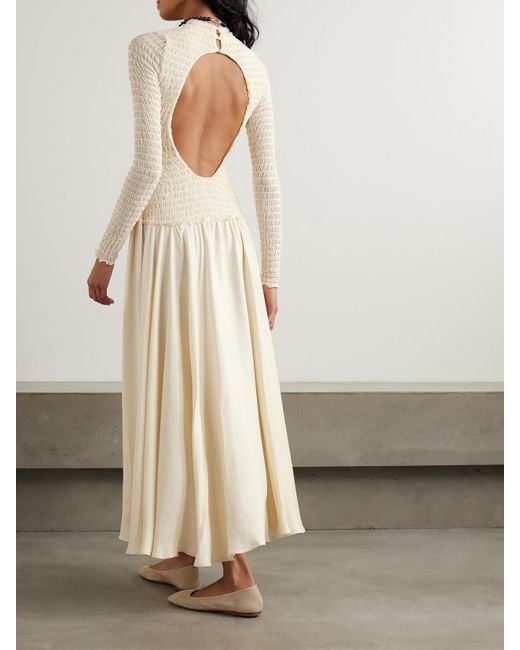Siedres Natural Feja Open-Back Shirred Stretch-Mesh And Satin-Jersey Midi Dress