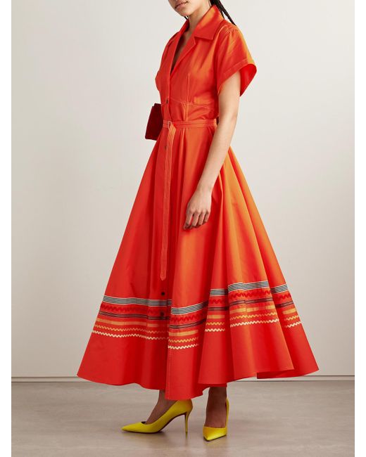 Christopher John Rogers Red Belted Ric Rac And Grosgrain-Trimmed Cotton-Twill Maxi Shirt Dress