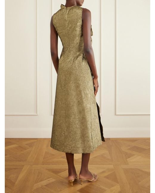 Ulla Johnson Natural Demetria Asymmetric Ruffled Metallic Taffeta Midi Dress