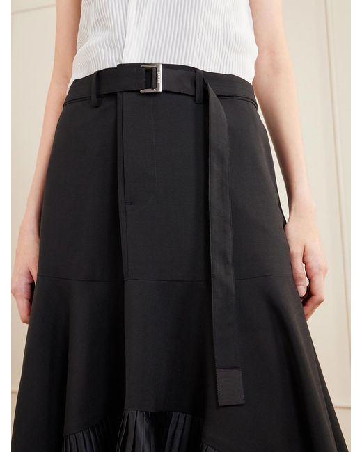 Sacai White Pleated Wool-Trimmed Plissé-Chiffon Midi Dress