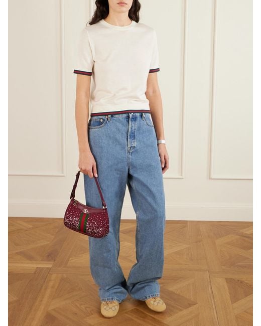 Gucci Red Ophidia Schultertasche Aus Canvas Mit Jacquard-Muster Mit Lederbesätzen Und Kristallen