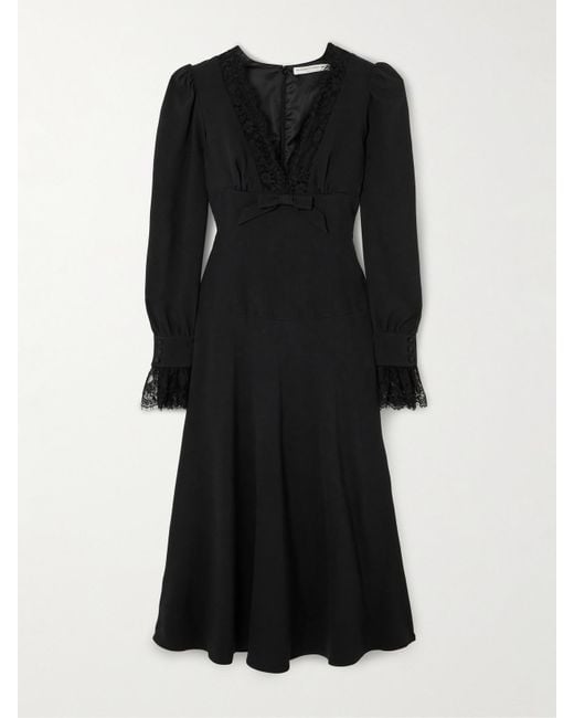 Alessandra Rich Black Midikleid Aus Crêpe Mit Spitzenbesätzen
