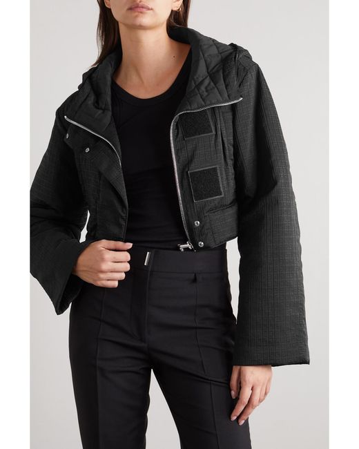 Givenchy Black Cropped Padded Wool Blend-Trimmed Shell-Jacquard Hooded Jacket