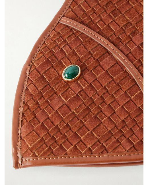 Staud Brown Cleo Logo-Debossed Leather-Trimmed Woven Suede Tote