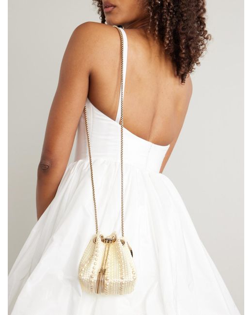 Jimmy Choo Natural Bon Bon Micro Faux Pearl-Embellished Satin Bucket Bag