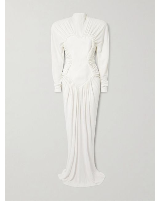 Stella McCartney White Mesh-Paneled Ruched Crepe Gown