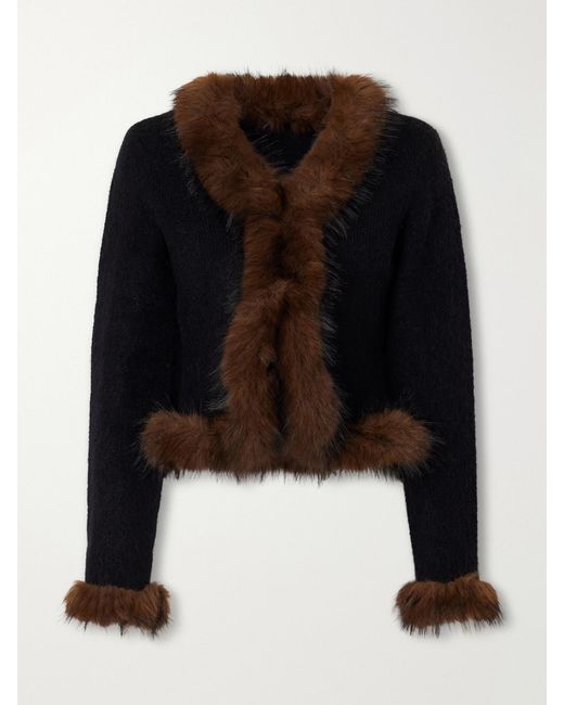 Self-Portrait Black Plush-Trimmed Knitted Cardigan