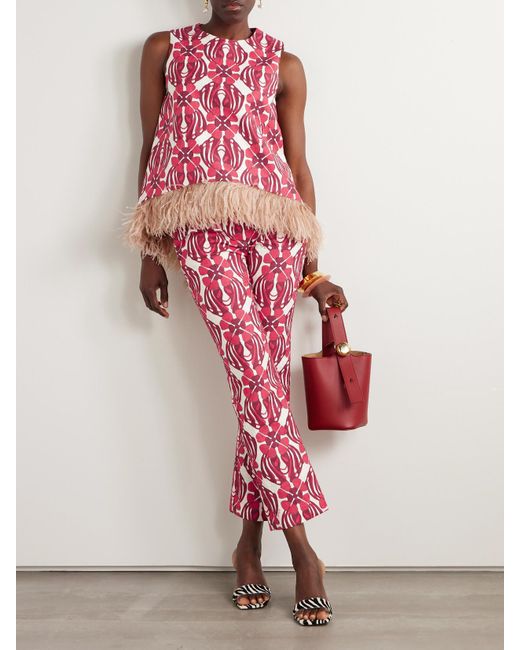 LaDoubleJ Pink Icon La Scala Feather-Trimmed Printed Stretch-Cotton Tweed Top