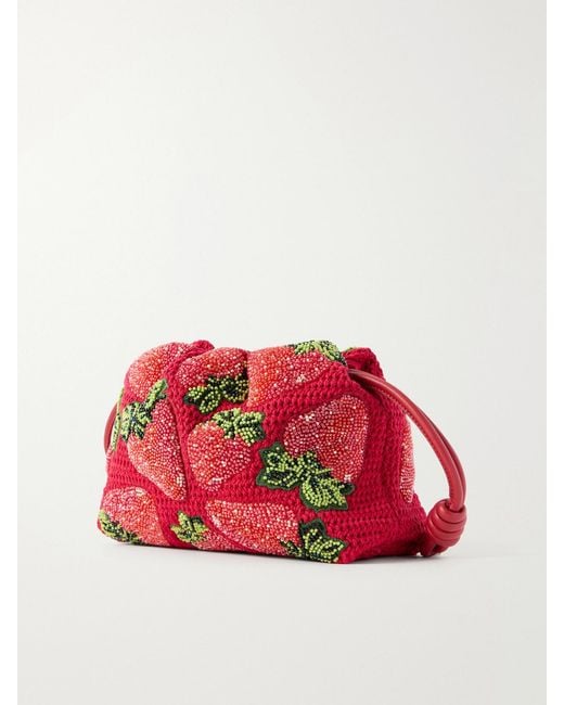 Loewe Red Paula's Ibiza Flamenco Leather-Trimmed Beaded Clutch Bag