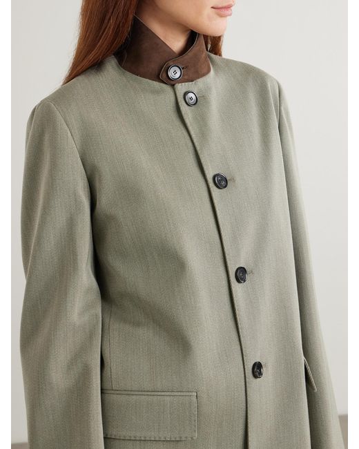 Loro Piana Green Blain Suede-Trimmed Storm System Wool Coat