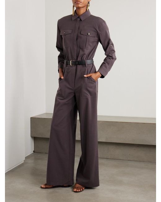 Self-Portrait Brown Belted Leather-Trimmed Twill Jumpsuit
