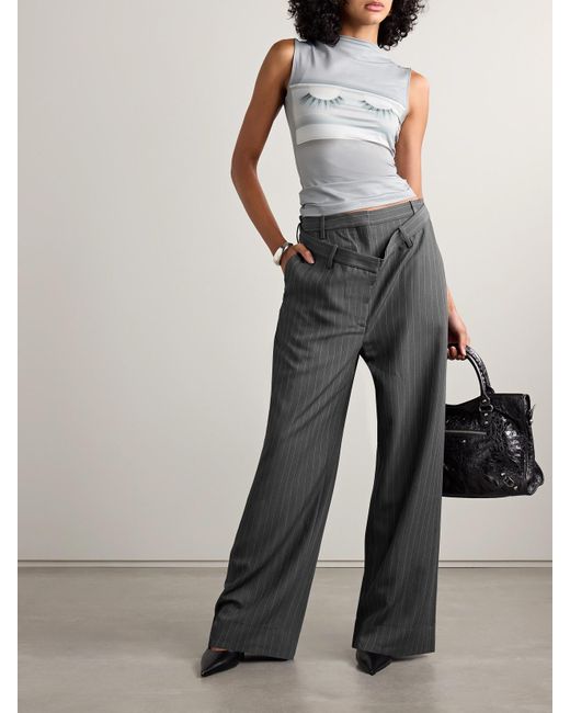 Acne Gray Layered Pinstriped Twill Wide-Leg Pants