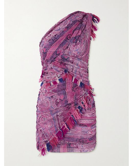 Isabel Marant Purple One-Shoulder Frayed Printed Gauze Mini Dress