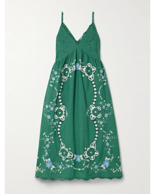 Sea Green Vesna Lace-Trimmed Broderie Anglaise Cotton And Linen-Blend Midi Dress