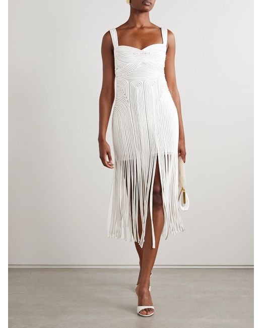 Jonathan Simkhai White Darby Midikleid Aus Tüll Mit Fransen Und Applikationen