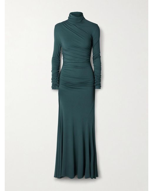 TOVE Green Africa Ruched Stretch-Jersey Turtleneck Maxi Dress