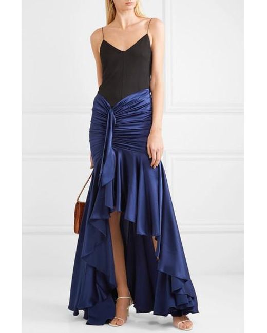 Caroline Constas Elise Ruched Draped Silk Satin Maxi Skirt In Navy