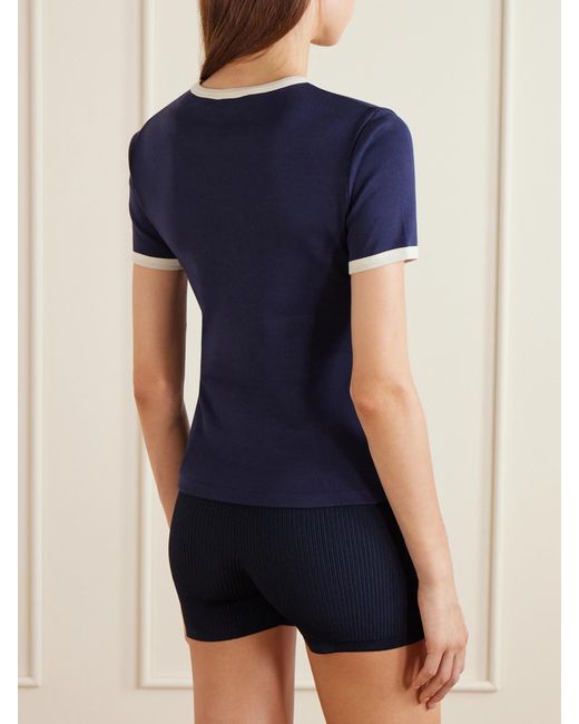 Saint Laurent Blue Cassandre-Embroidered Cotton-Jersey T-Shirt