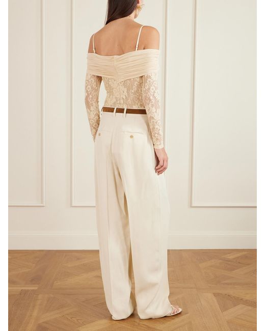 Zimmermann Natural Off-The-Shoulder Ruched Jersey And Stretch-Lace Bodysuit