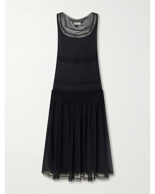 Tory Burch Blue Pleated Lace-Trimmed Silk-Georgette Midi Dress