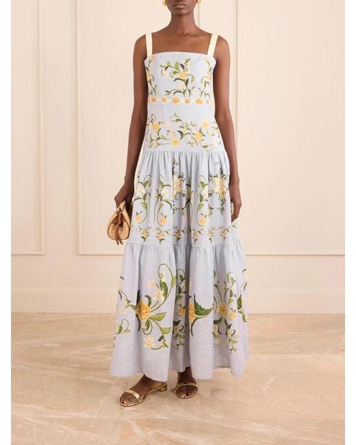 Agua Bendita White Cinefila Floral-Printed Linen Maxi Dress