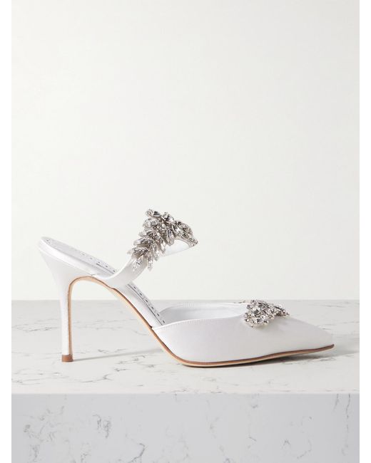 Manolo Blahnik White Lurum 90 Crystal-Embellished Satin Mules