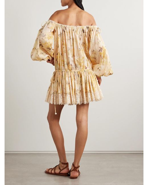 Zimmermann Natural Cascadian Schulterfreies Minikleid Aus Baumwoll-Voile Mit Blumenprint Und Spitzenbesätzen