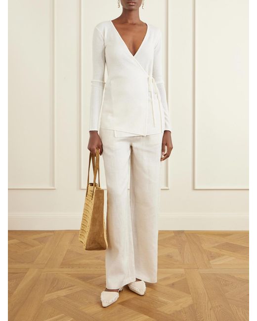 Staud White Mateo Linen Mid-Rise Wide-Leg Pants