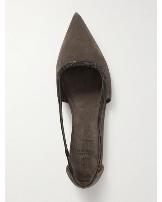 Brunello Cucinelli White Bead-Embellished Suede Point-Toe Flats