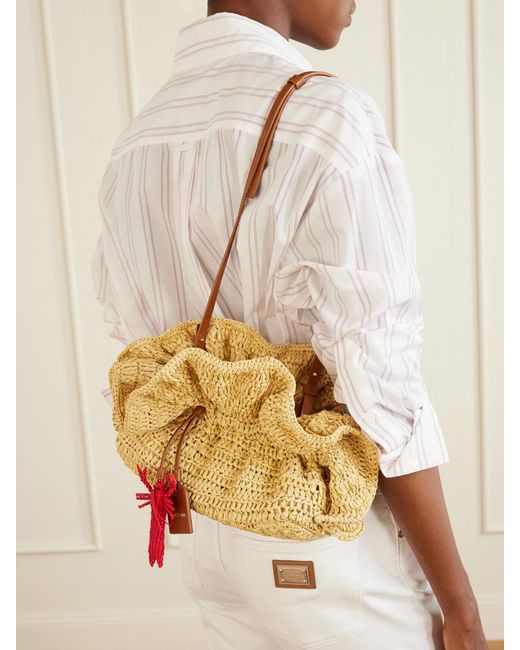 Aquazzura Natural Paradise Mini Leather-Trimmed Raffia Bag