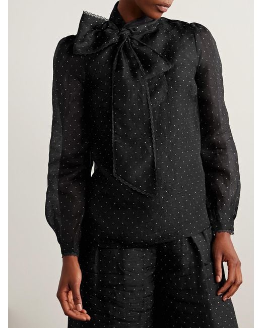 Zimmermann Black Pussy-Bow Lace-Trimmed Polka-Dot Linen And Silk-Blend Organza Blouse
