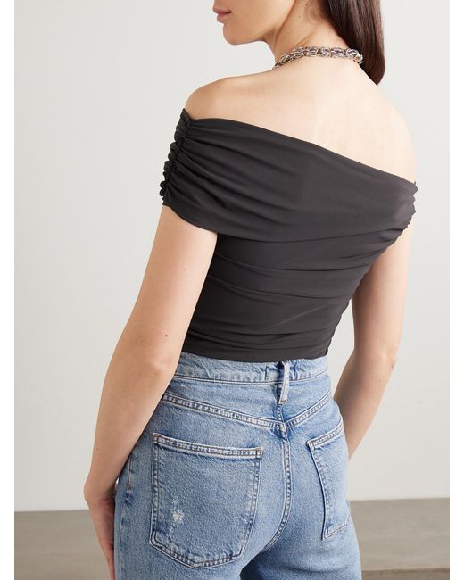 Agolde Black Sherilyn Off-The-Shoulder Ruched Stretch-Jersey Bodysuit
