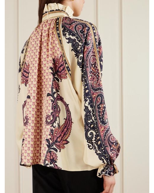 Etro Pink Pussy-Bow Ruffled Printed Silk-Twill Blouse
