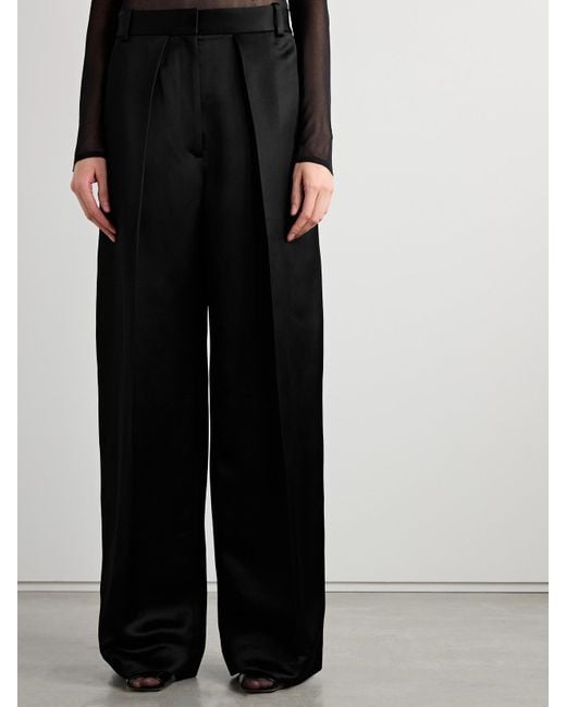 Khaite Black Marinta Satin-Trimmed Pleated Crepe Wide-Leg Pants