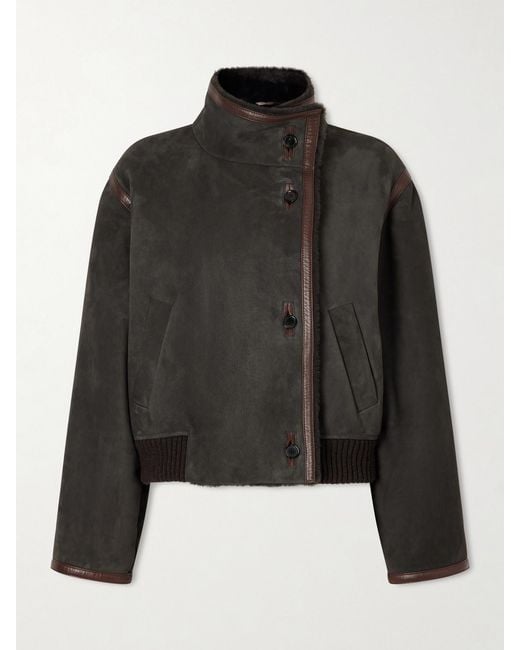 Loro Piana Black Jekel Leather-Trimmed Shearling-Lined Suede Jacket