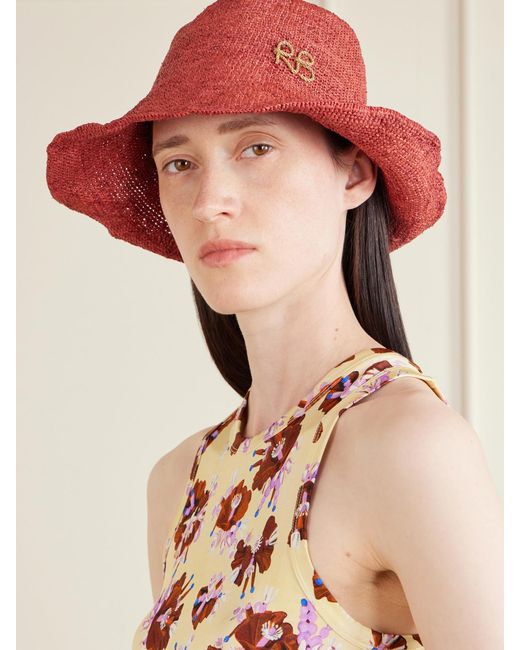 Ruslan Baginskiy Red Monogram-Embellished Straw Bucket Hat