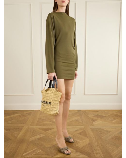 Balmain Natural Cabas Mini Leather-Trimmed Raffia Shoulder Bag