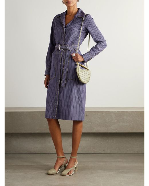 Dries Van Noten Purple Midi-Hemdblusenkleid Aus Gestreifter Baumwollpopeline Mit Gürtel