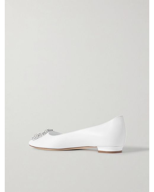 Manolo Blahnik Natural Hangisi 10 Crystal-Embellished Leather Point-Toe Flats