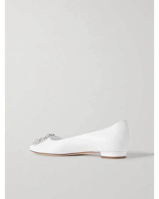 Manolo Blahnik Natural Hangisi 10 Crystal-Embellished Leather Point-Toe Flats
