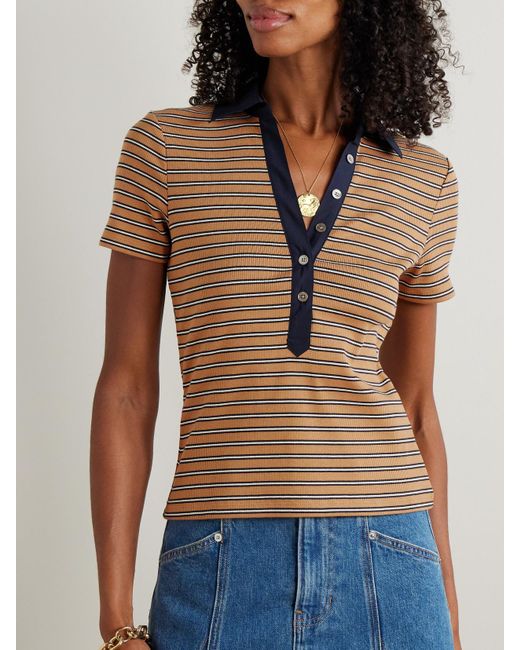 Veronica Beard Blue Kearney Oberteil Aus Gerippter Stretch-Baumwolle Mit Streifenmuster Und Polokragen