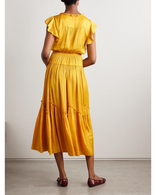 La Ligne Yellow Pintucked Ruffled Satin Midi Dress