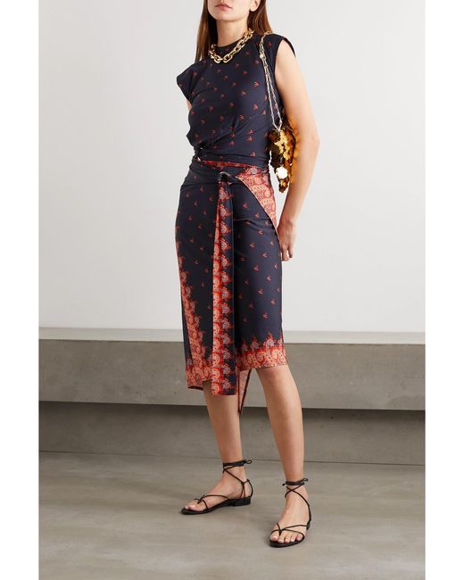 Rabanne Blue Wrap-Effect Printed Stretch-Jersey Top