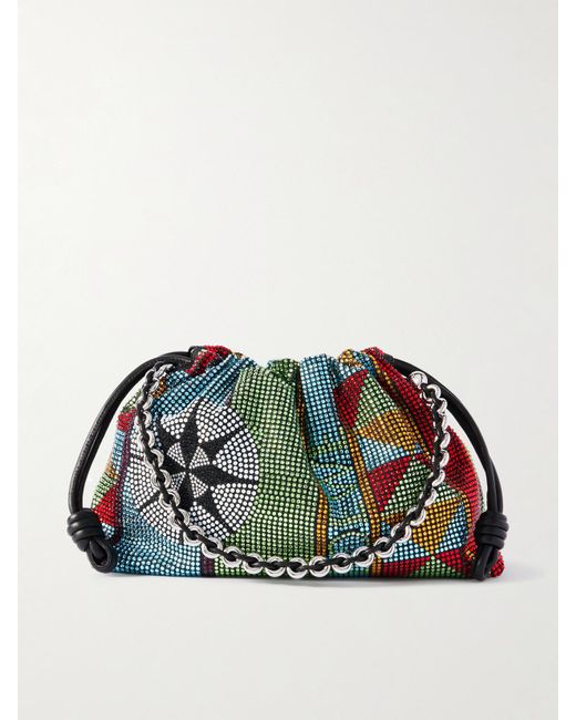 Loewe Green Flamenco Leather-Trimmed Crystal-Embellished Canvas Clutch