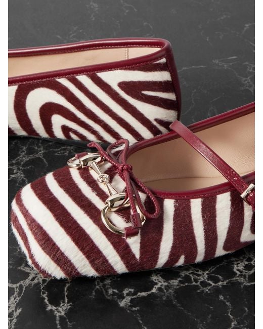 Gucci White Horsebit-Detailed Zebra-Print Calf Hair Ballet Flats