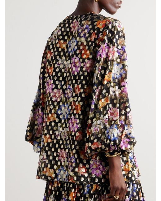 Borgo De Nor Black Stellan Floral-Print Metallic Fil Coupé Chiffon Blouse