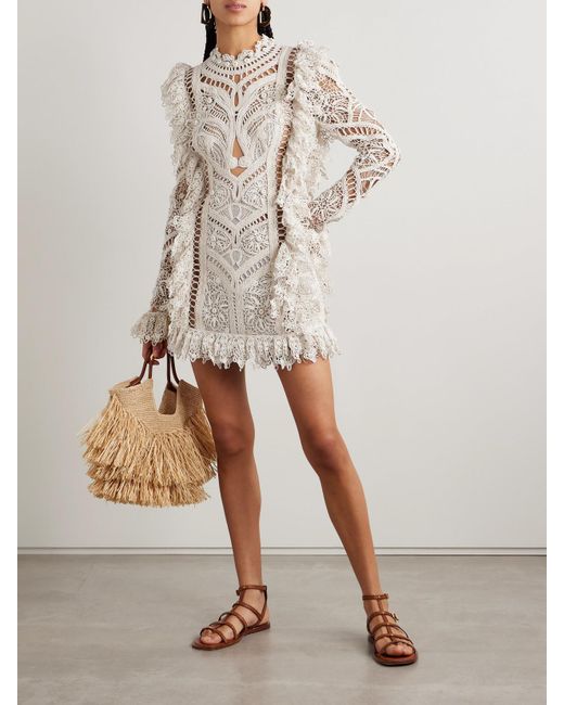 Zimmermann Natural Illuminate Cornelli Ruffled Linen And Silk-Blend Guipure Lace Mini Dress