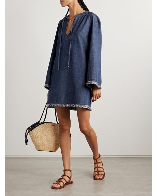 Zimmermann Blue Rhiannon Mini-Jeanskleid Mit Fransen Zum Binden