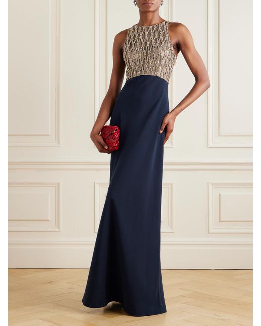 Jenny Packham Blue Dewdrop Crystal-Embellished Tulle-Trimmed Crepe Gown