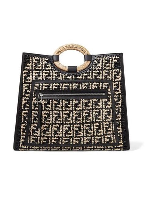 Fendi Runaway Large Ff Raffia Shopping Tote Bag in Black | Lyst
